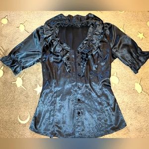 Vintage Satin My Michelle Ruffle Collar Blue Top Shirt Blouse